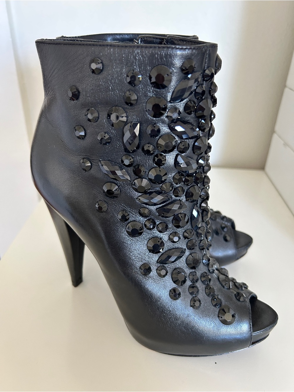 Report Signature Black Embellished Peep-Toe Ankle Boots - Women's Dress Heels
